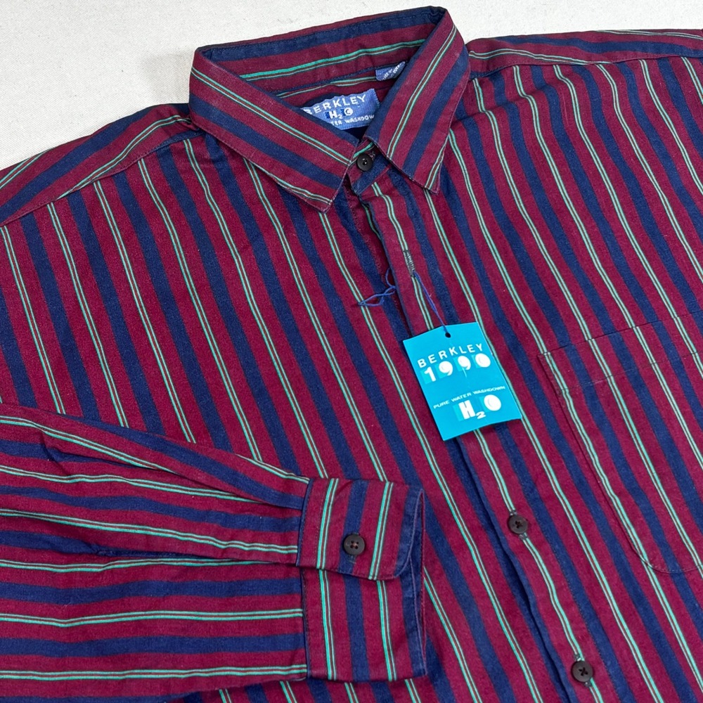 Vtg BERKLEY H2O Mens Burgundy Navy Green Stripe Long Sleeve Button Up Shirt Med